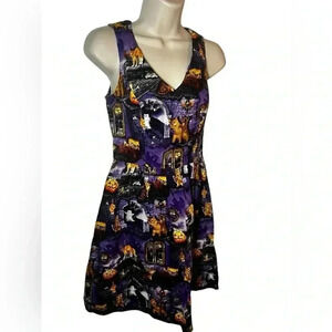 ModCloth Halloween Dress Spooky Cat and Pumpkin Print Sleeveless Skater Dress S